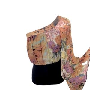 One shoulder silk floral blouse